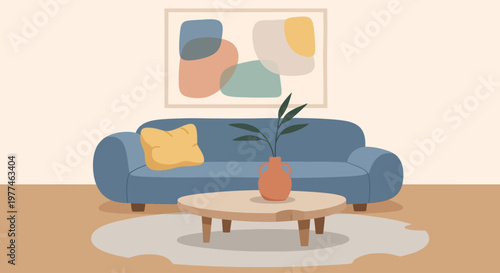 Cozy living room with blue sofa and wooden coffee table