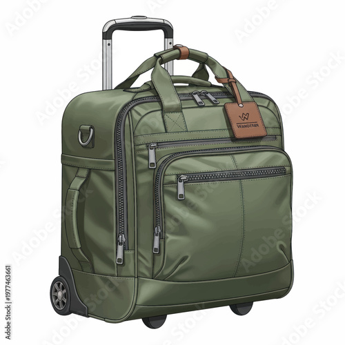 Green rolling travel bag with extendable handle and multiple zippered compartments on wheels.