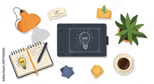 Creative workspace with laptop, notebook, coffee, and plants