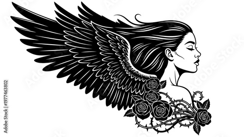 Gothic Angel Woman with Black Wings and Roses Tattoo Design