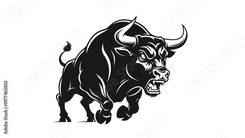 Aggressive Bull Charging Forward, Powerful Animal Illustration, Fierce Livestock