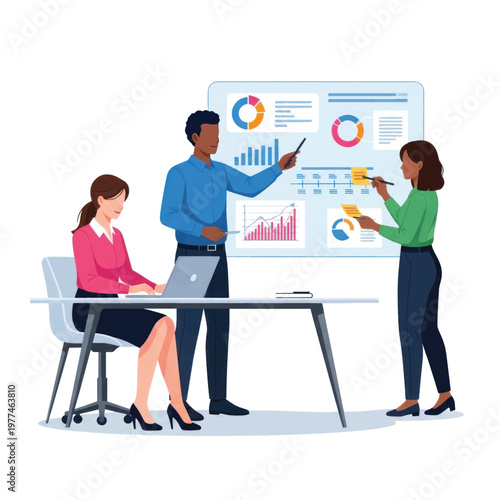 Collaborative business presentation with charts and teammates in a modern office setting.