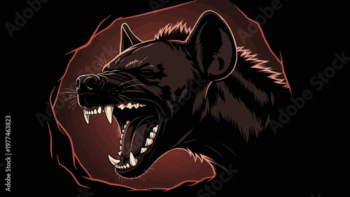 Aggressive Hyena Snarling with Sharp Teeth and Open Mouth, Dark Background, Fierce Animal Portrait