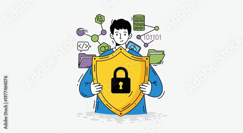 Cybersecurity concept with man holding shield