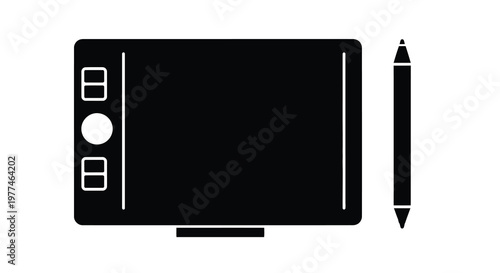 A graphic tablet and stylus are displayed in a simple black and white silhouette illustration