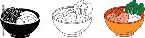 Japanese ramen or poke bowl set featuring rice meat and vegetables in solid black line art and color vector styles,