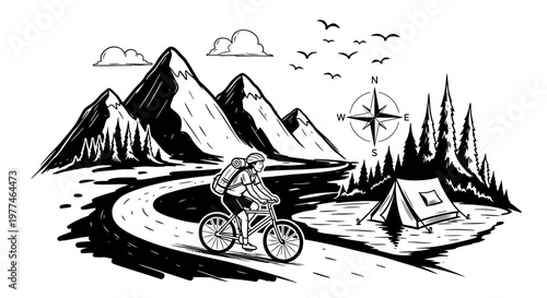 Cyclist riding through mountain landscape with tent and compass
