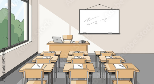 Empty classroom with desks, whiteboard, and windows with sunlight streaming in