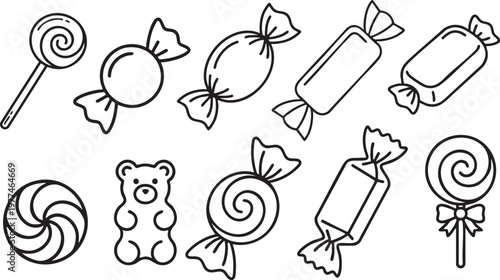 Candy and sweets outline icons set vector illustration collection