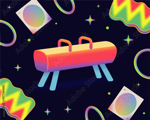 Colorful artistic gymnastics pommel horse illustration with neon abstract shapes, stars and dark background retro sport design