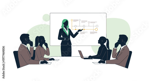 Professional woman presents business strategy flowchart using clean line art and a sophisticated palette of navy, green, and brown to attentive colleagues in a modern office