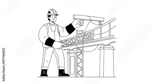 Skilled construction worker wearing safety gear, meticulously inspecting a large bridge structure, demonstrating precision and dedication in infrastructure development projects,