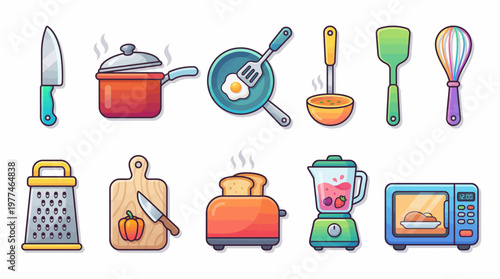 Collection of kitchen utensils and appliances, vibrant icons of cooking tools and food preparation equipment