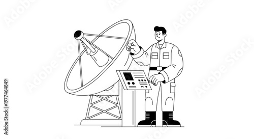 Smiling man in uniform operates large parabolic dish antenna, adjusting controls on console, representing space exploration, telecommunications, scientific research, and