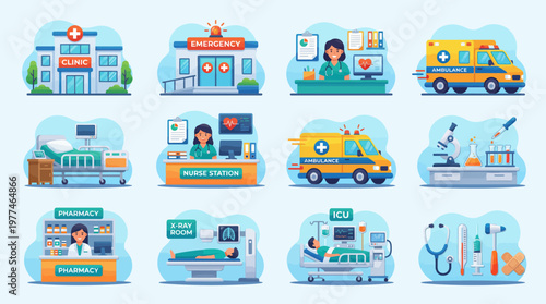 A collection of medical illustrations depicting a hospital, emergency services, patient care, and medical equipment, showcasing healthcare facilities and services