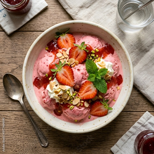 Delicious Strawberry Ice Cream Bowl with Fresh Sliced Strawberries, Whipped Cream, Chopped Nuts, and Mint Leaves on a Wooden Table