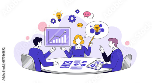 Team of professionals collaborating around a table, discussing business growth charts, sharing innovative ideas with lightbulbs, and engaging in productive conversation using