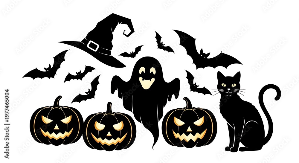 Obraz premium Silhouetted Halloween elements bats, pumpkins, witch hat, ghost, and cat, all spooky