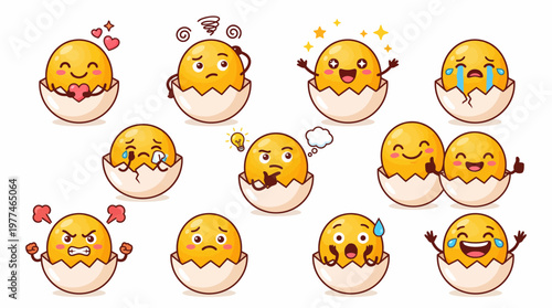 Collection of cute emoji eggs expressing various emotions, a delightful cartoon graphic for creative projects