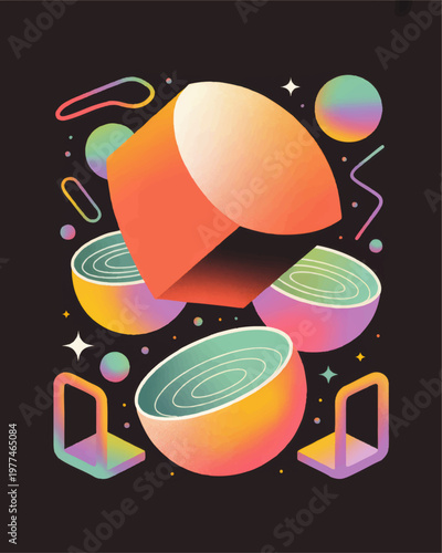 Abstract geometric equestrian sports scene featuring stylized stirrups and vibrant target spheres on a dark canvas