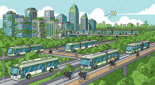 Eco-friendly city transport: electric buses, trams, and bikes in a green urban landscape