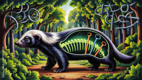 Surreal badger anatomy illustration in forest with exposed glowing skeleton and abstract metallic loops, vivid fantasy wildlife art