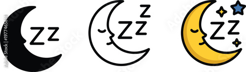 Sleeping crescent moon icon set with zzz snoring symbols and stars representing night time rest and sleep hygiene,