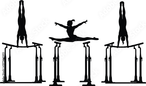 Gymnast silhouettes, parallel bars routine, handstand pose, split leap, athletic strength, balance, flexibility, sports icon, gymnastics art, training design