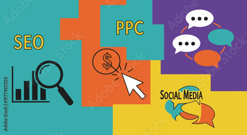 Digital marketing concept with SEO, PPC, and social media icons