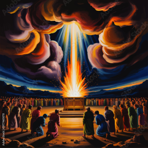 Biblical altar with divine fire from heaven illuminating worshippers under dramatic storm clouds, spiritual oil painting scene