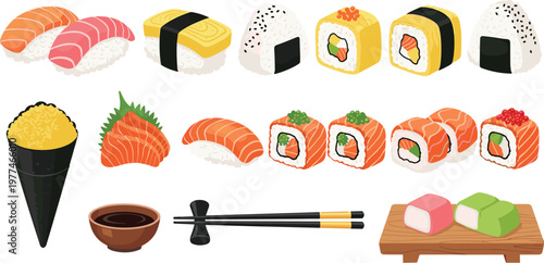 Japanese sushi assortment with nigiri maki rolls onigiri sashimi and soy sauce detailed vector illustration set isolated on white background
