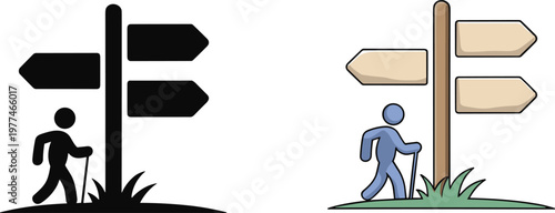 Outdoor hiking signpost icon set featuring a traveler with walking stick and multiple directional arrows for mountain trekking path