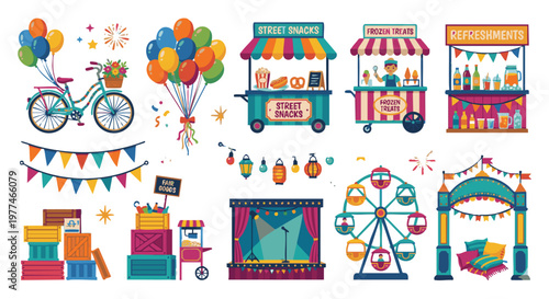 Amusement Park Elements and Street Food Festival Vendor Booths