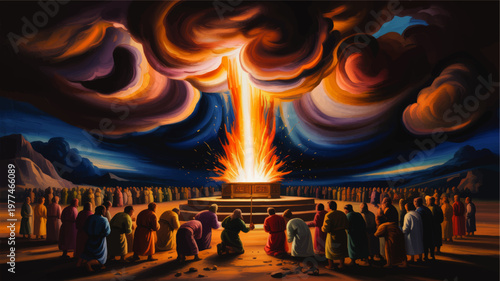 Ancient altar with divine fire descending from storm clouds over praying crowd in desert, dramatic biblical digital painting
