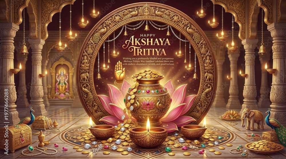Obraz premium Opulent Akshaya Tritiya celebration with overflowing pot of gold coins and divine blessings in a grand temple setting