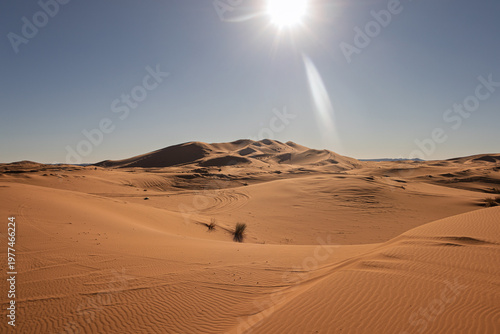 Sun shining over vast sahara desert sand dunes