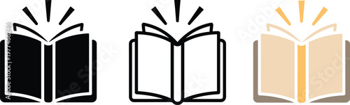 Open book icon set with light rays representing knowledge education learning and literature in black outline and color styles,