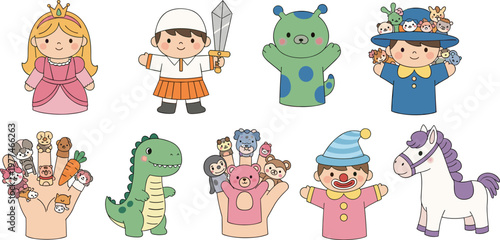 Kids Puppet Characters Collection with Fairy Tale Figures, Animals and Hand Puppets for Children Illustration Design