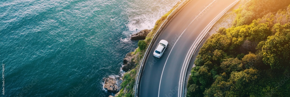 Fototapeta premium Car drives on coastal road near water during golden hour by the seaside