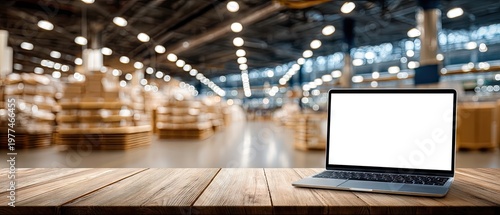 Blank laptop screen on wooden table in large warehouse setting with storage boxes and rows for online shopping environment