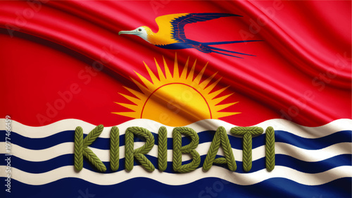 Kiribati national flag illustration with frigate bird sun rays ocean waves and leaf typography, vibrant patriotic island design