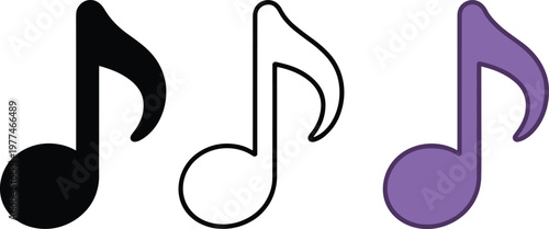Eighth musical note icon set in black silhouette outline and purple color styles for music apps festivals audio recording and melody