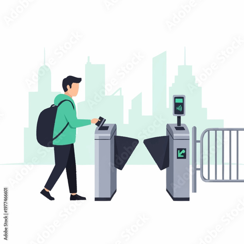 Man with backpack passing through turnstile gate.