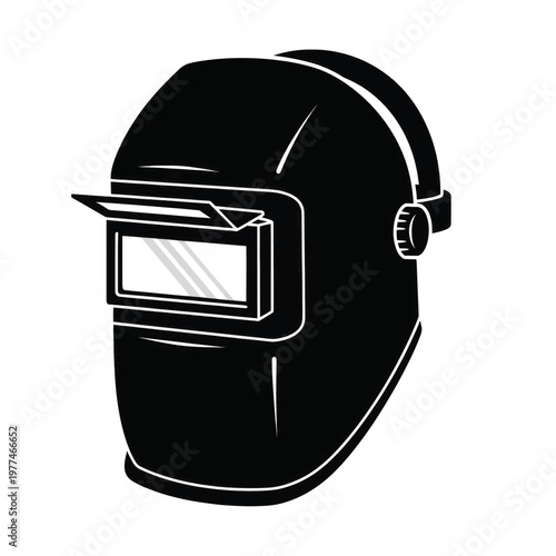 Black welding helmet protective mask for industrial metalwork safety and fabrication.