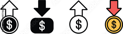 Financial dollar coin icon set with up and down arrows representing profit growth loss and market trend fluctuations in vector style,