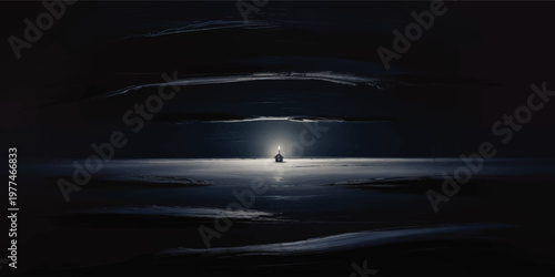 Solitary Lighthouse at Night Over Calm Sea, Dark Moody Seascape Painting with Glowing Beacon, Reflection, and Dramatic Sky