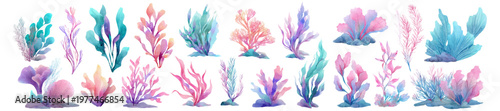 Underwater aquatic plants and marine reef organisms creating a vibrant collection. Featuring colorful seaweed. Coral. And flora elements in a watercolor design