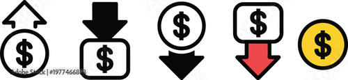 Financial dollar coin icon set with up and down arrows representing profit growth loss and market trend fluctuations in vector style