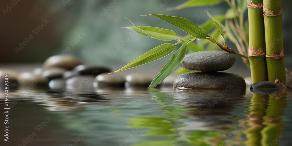 Naklejka premium Close up of smooth volcanic stones stacked by green bamboo stalks in tranquil water, ideal for beauty salon branding, aromatherapy, and holistic healing advertisements.