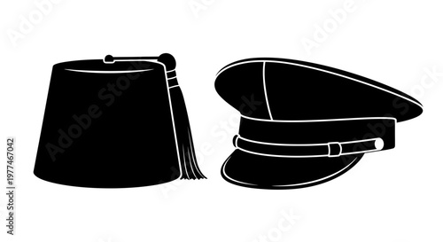Two traditional hats a fez and a peaked cap depicted in black